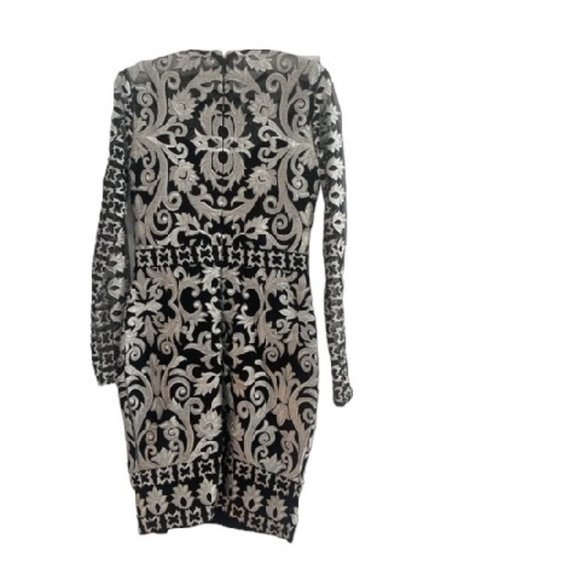 Unique Nicole Miller Scroll Embroidery Illusion Dress, Black/Silver Color Size 0 - Picture 4 of 8